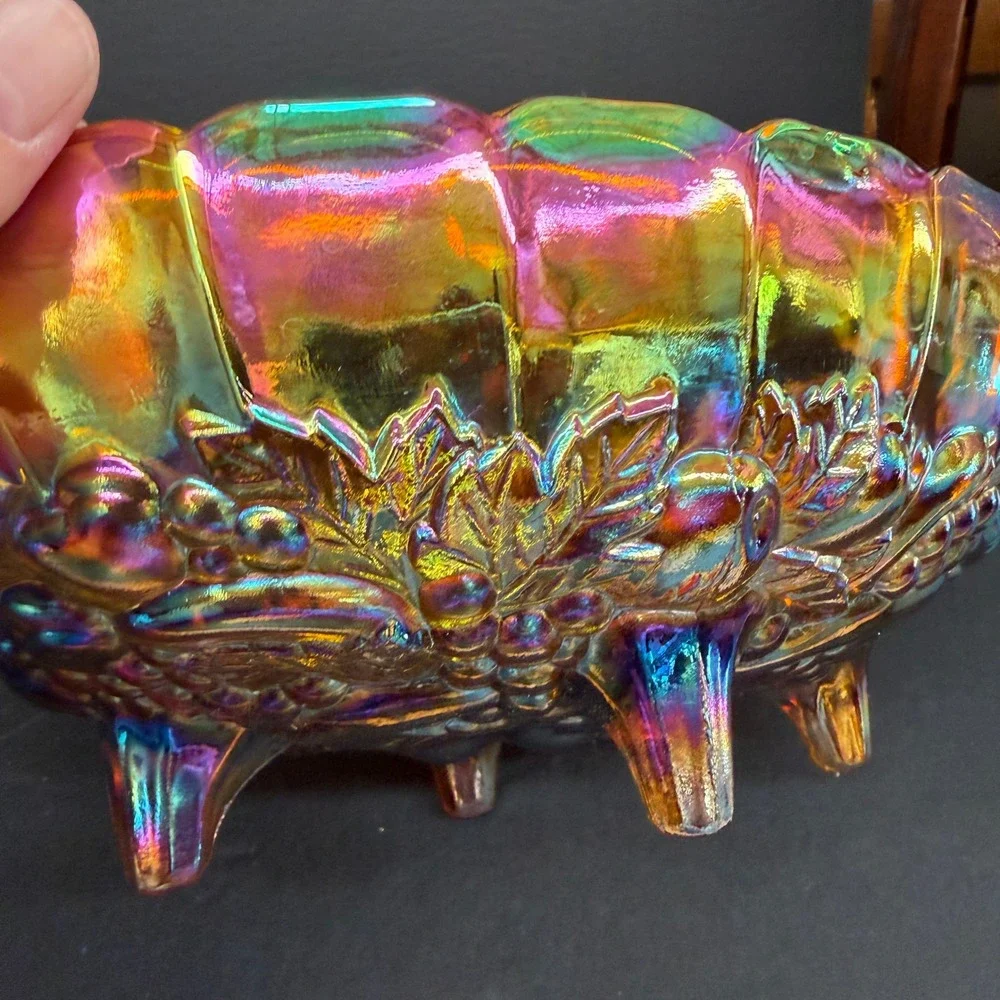 Vintage Carnival Glass Footed Bowl Marigold Iridescent Fruit Harvest 12 Inch